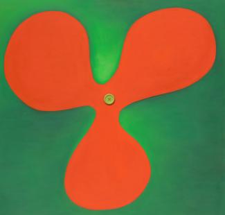 Röd blomma med knapp, 109  x104 cm, 2008